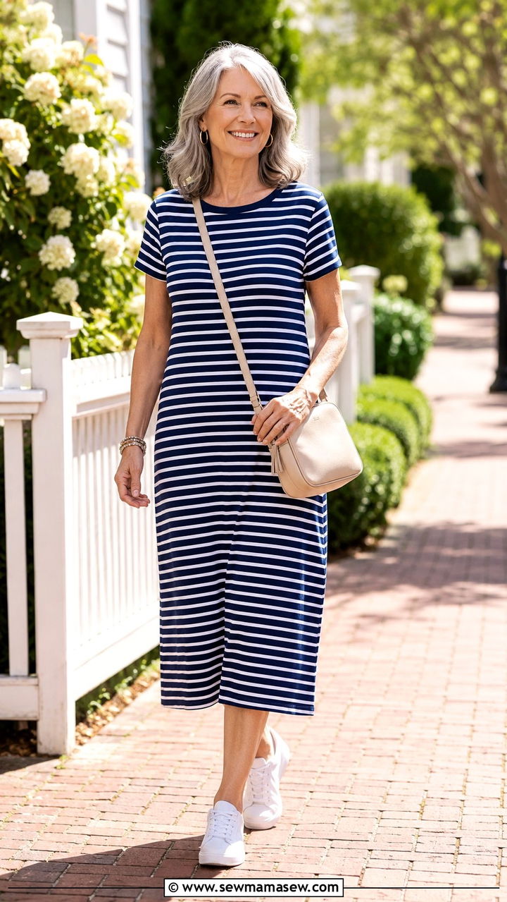 Striped T Shirt Dress with White Sneakers and Crossbody Bag - 25 Weekend outfit ideas for women over 50