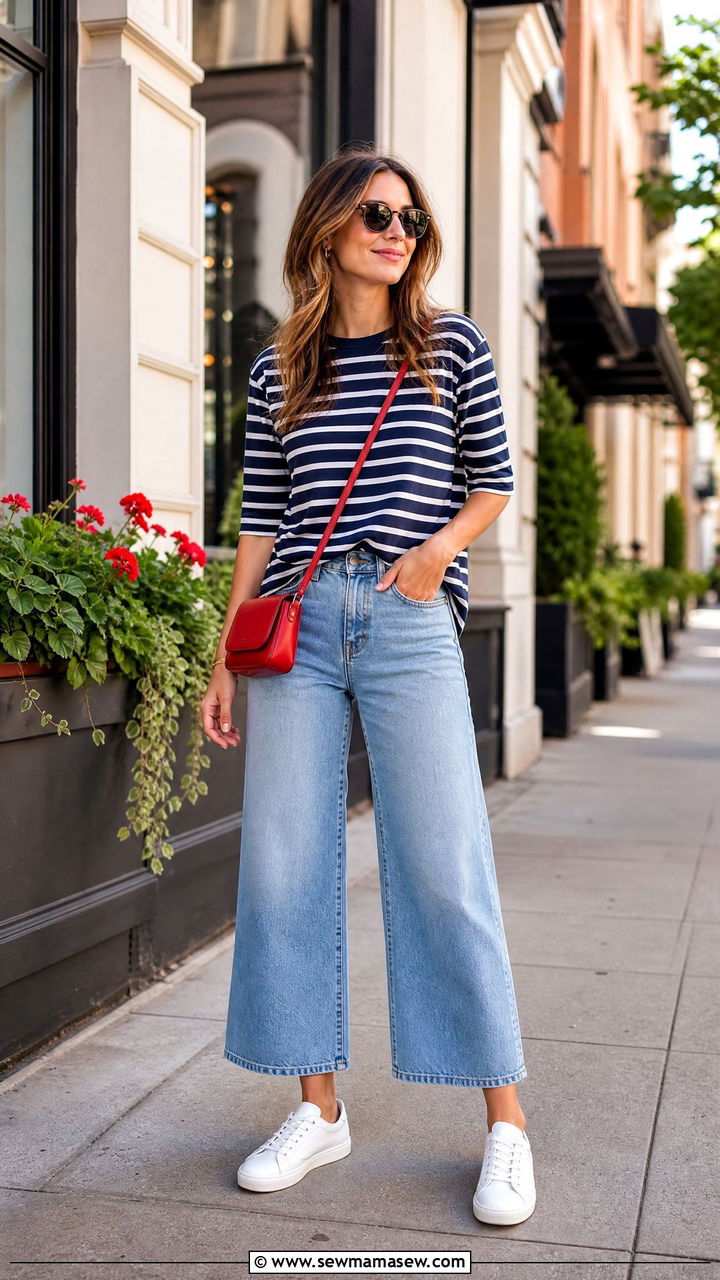 Striped T Shirt With Wide Leg Jeans And White Sneakers - 30 Summer outfits with wide leg jeans