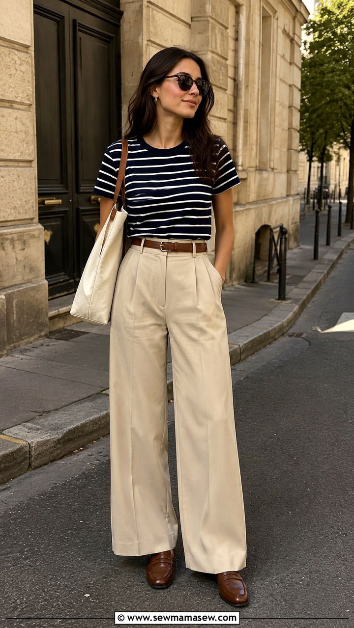 Striped T Shirt with Beige Trousers and Loafers - 30 Late March outfit ideas