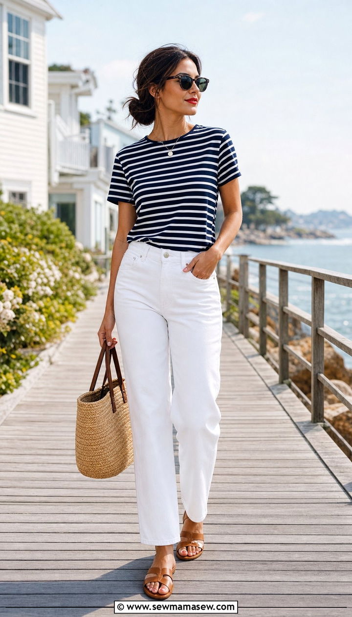 Striped T Shirt with White Jeans - 35 basic t-shirt outfit ideas for women