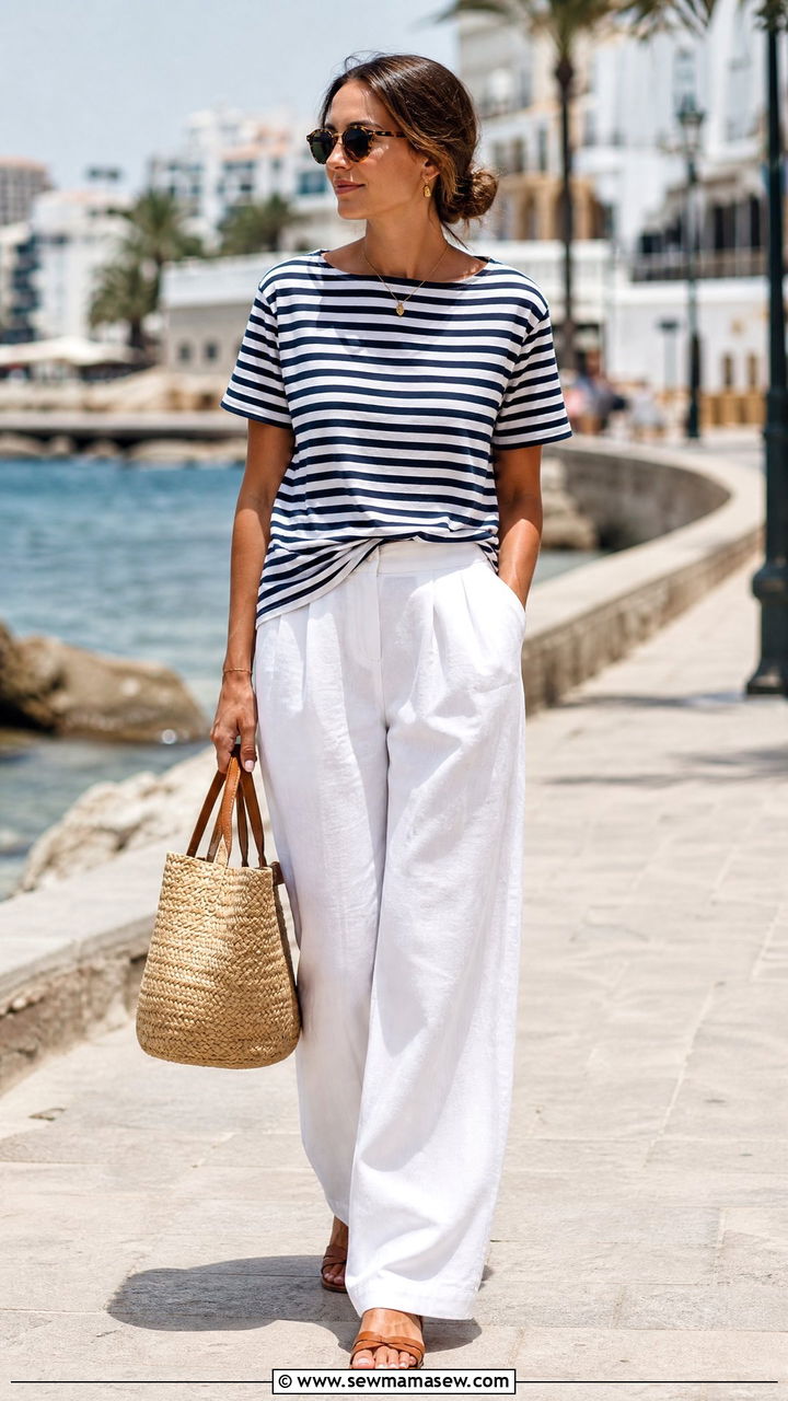 Striped T Shirt with White Wide Leg Pants and Flat Sandals - 25 chic basic t-shirt outfit ideas