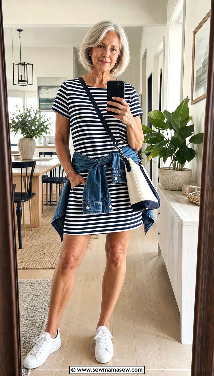 Striped T shirt Dress With White Sneakers - 25 Dress outfit ideas for women over 60