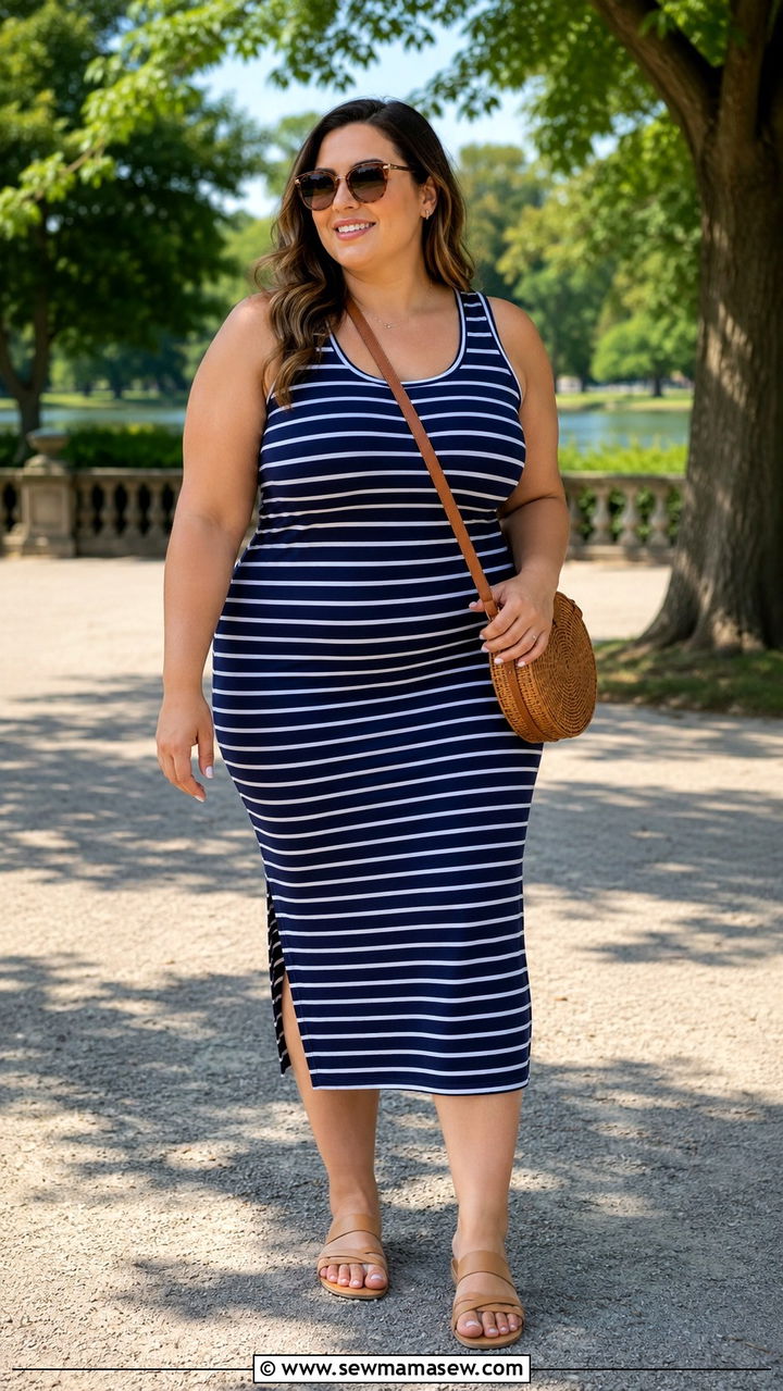 Striped Tank Dress and Flat Sandals - 30 Plus size mom outfit ideas summer
