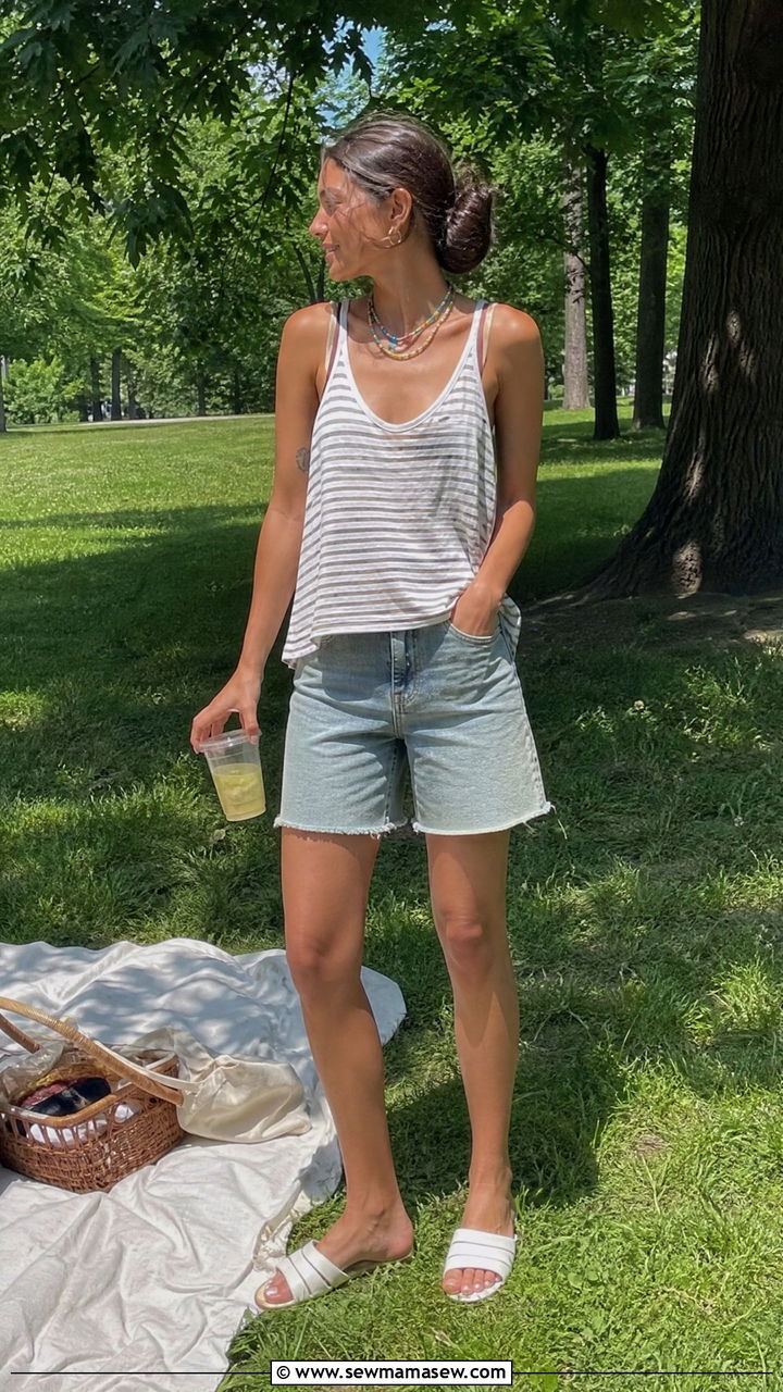 Striped Tank With Bermuda Denim Shorts and Beaded Necklace - 30 summer fourth of july outfit ideas