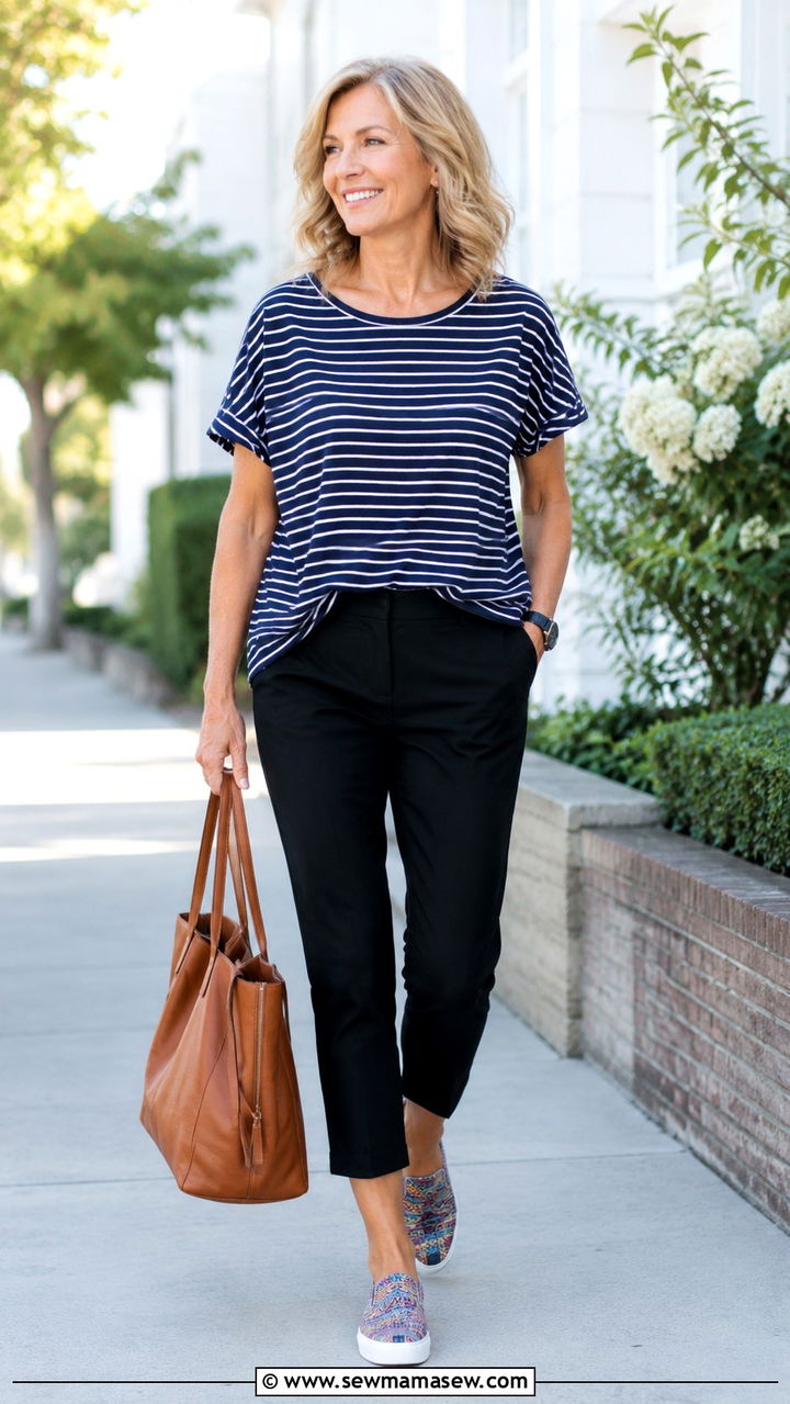 Striped Tee And Ankle Pants Over 50 Outfit - 30 Outfit ideas for women over 50 school drop off