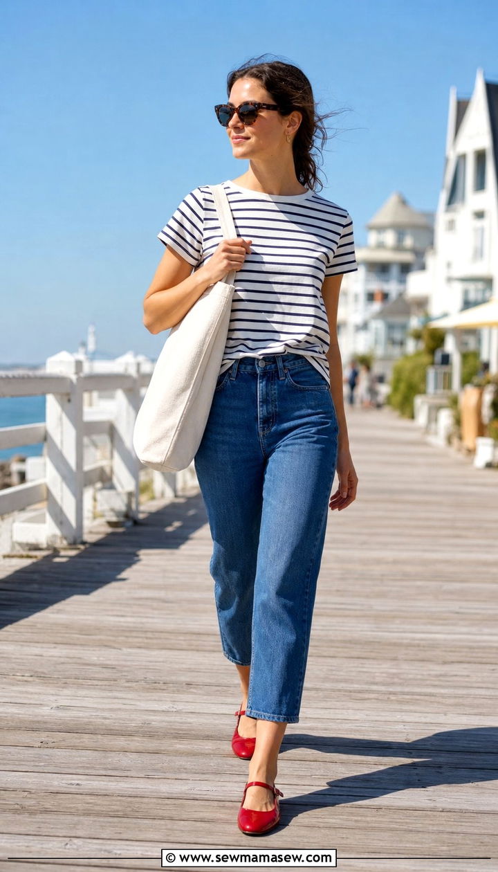 Striped Tee And Cropped Jeans With Red Mary Janes - 25 Summer outfits with mary janes