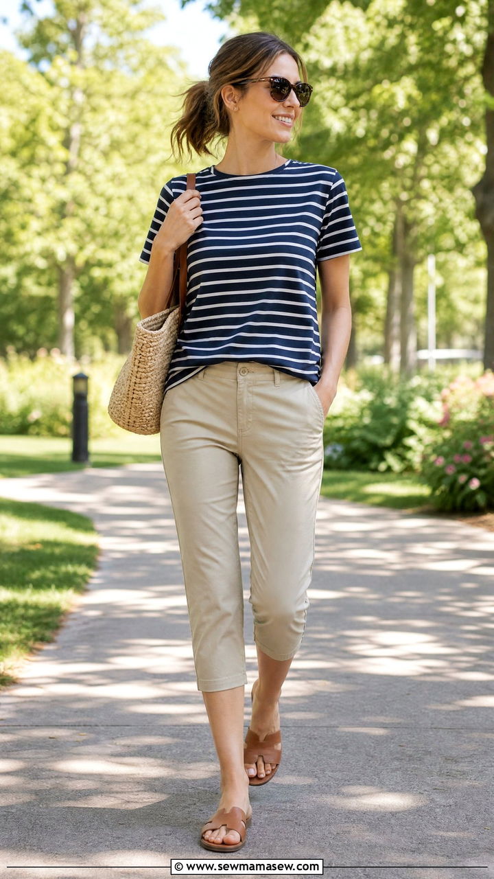 Striped Tee And Khaki Capris - 35 Minimalist summer capsule wardrobe