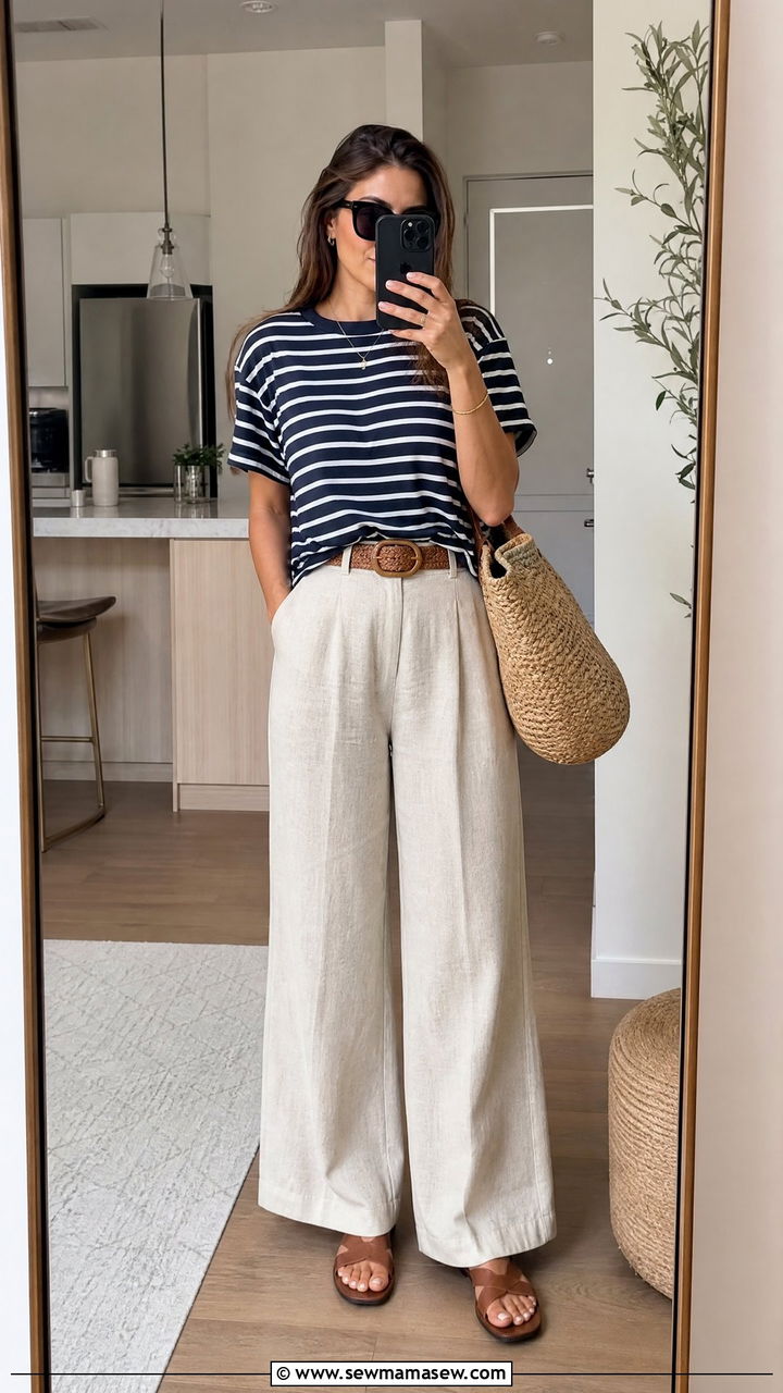 Striped Tee And Wide Leg Linen Trousers 75 Outfit - 20 Spring outfits for 75 degree weather