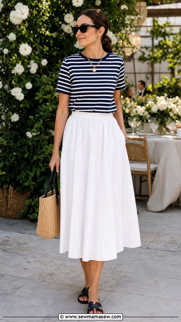 Striped Tee Tucked Into White Midi Skirt Outfit - 25 Summer 10 piece capsule wardrobe
