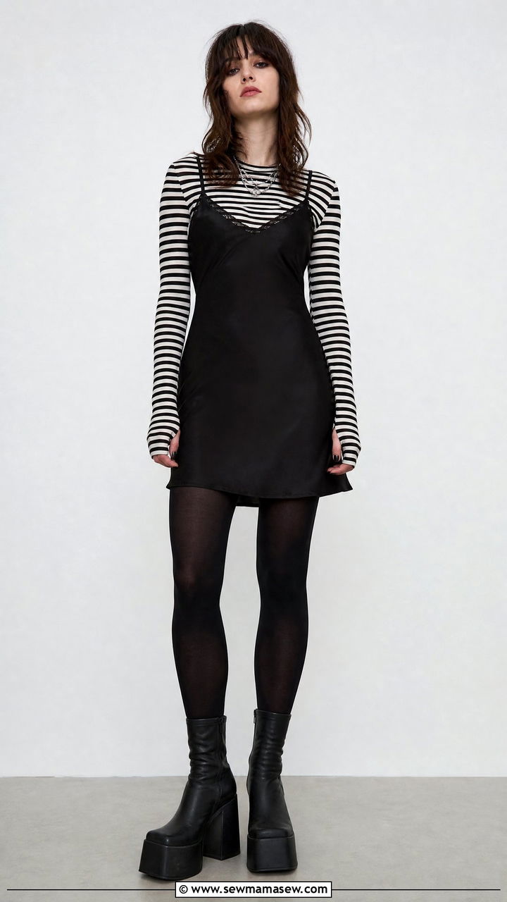 Striped Tee Under Slip Dress with Platform Boots - 35 grunge outfit ideas for women