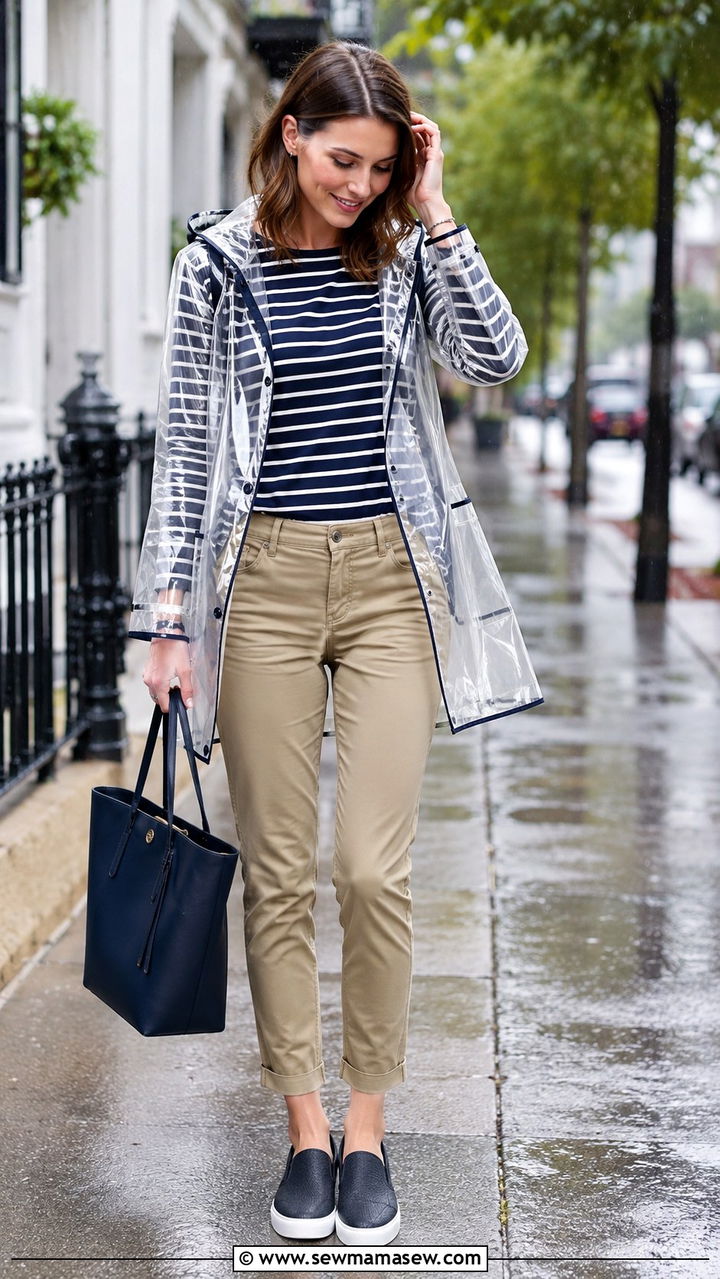 Striped Tee With Ankle Pants And An A Line Rain Jacket - 30 Rainy day casual outfit ideas