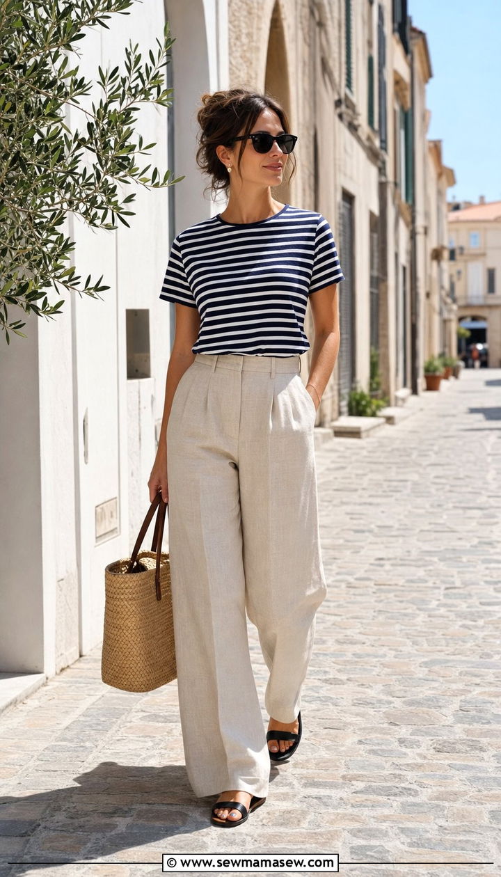 Striped Tee With Beige Wide Leg Linen Pants Outfit - 25 Summer 10 piece capsule wardrobe