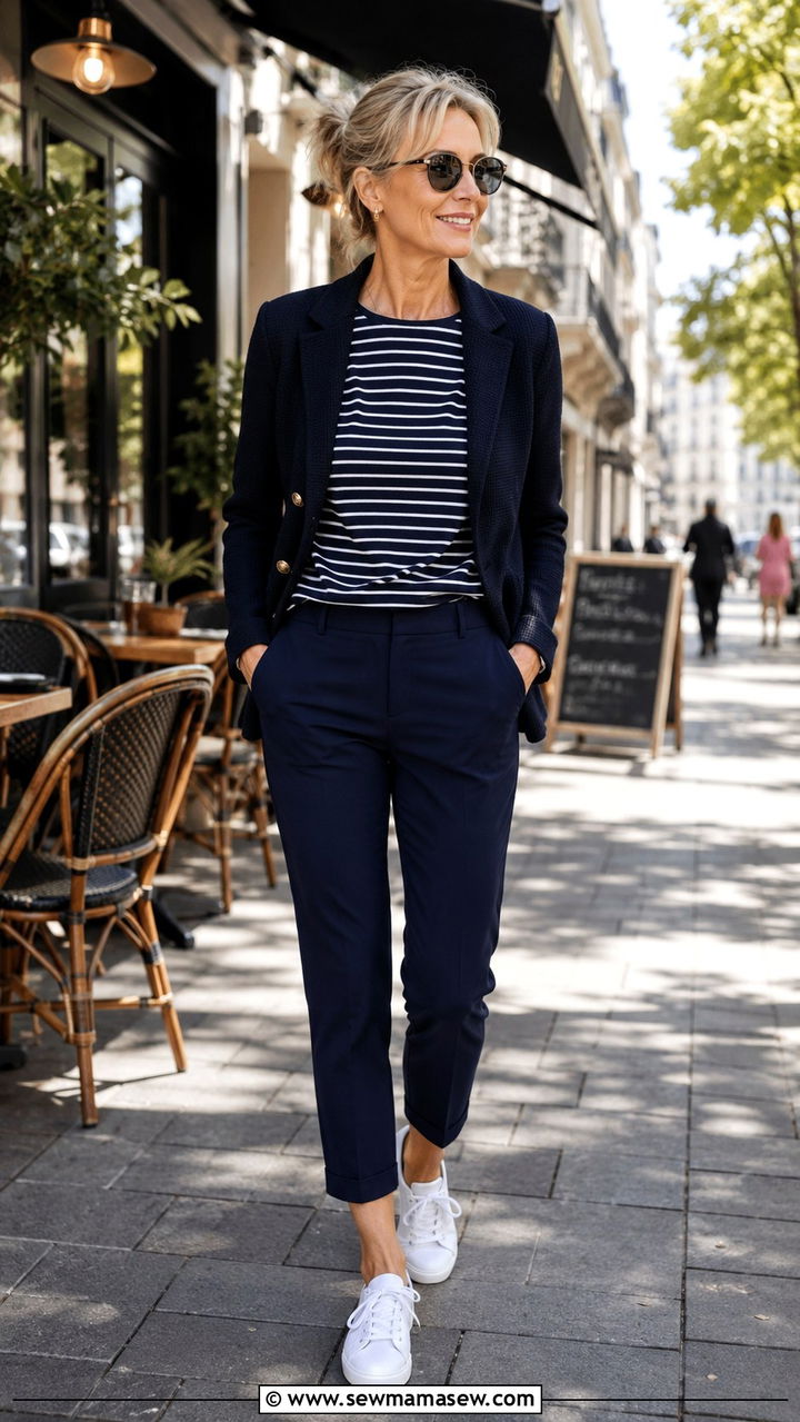 Striped Tee With Blazer And Cropped Pants Over 50 - 30 Outfit ideas for women over 50 sporty chic