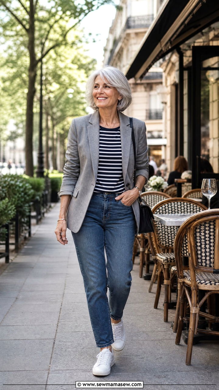 Striped Tee With Blazer And Straight Jeans For Women Over 60 - 30 Going out outfit ideas women over 60