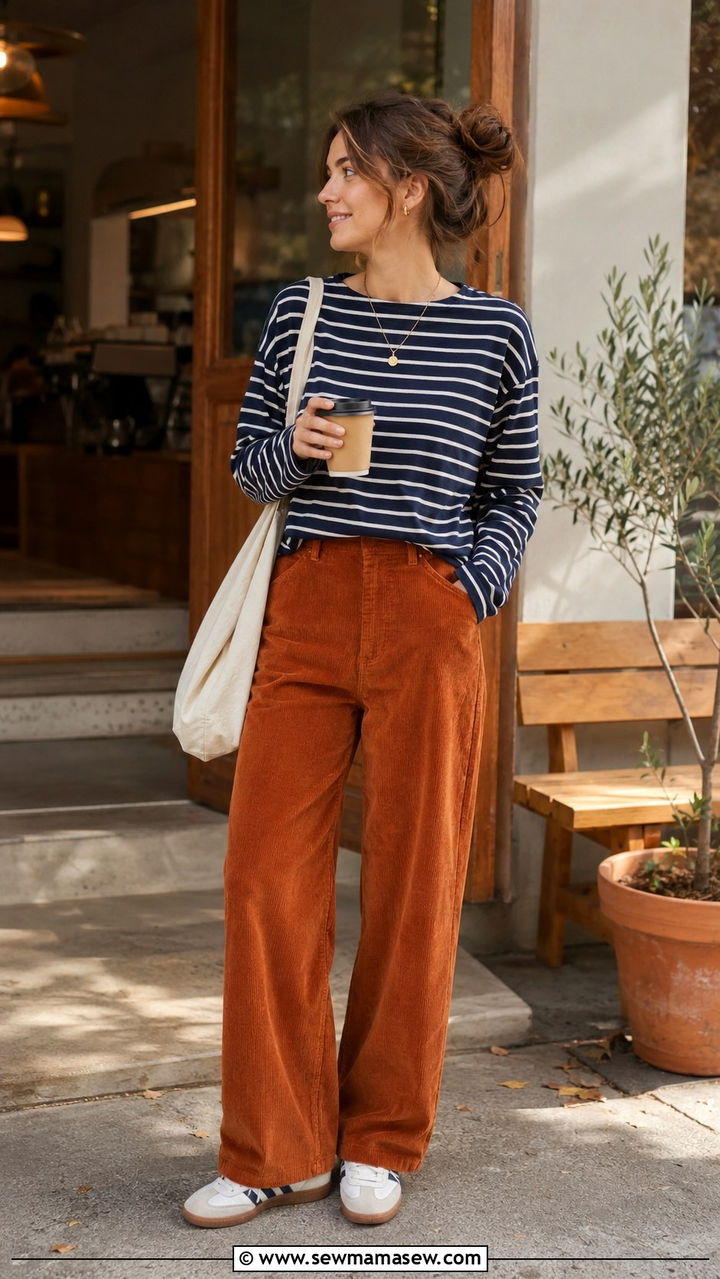 Striped Tee With Corduroy Pants And Sneakers - 30 cute summer to fall outfits