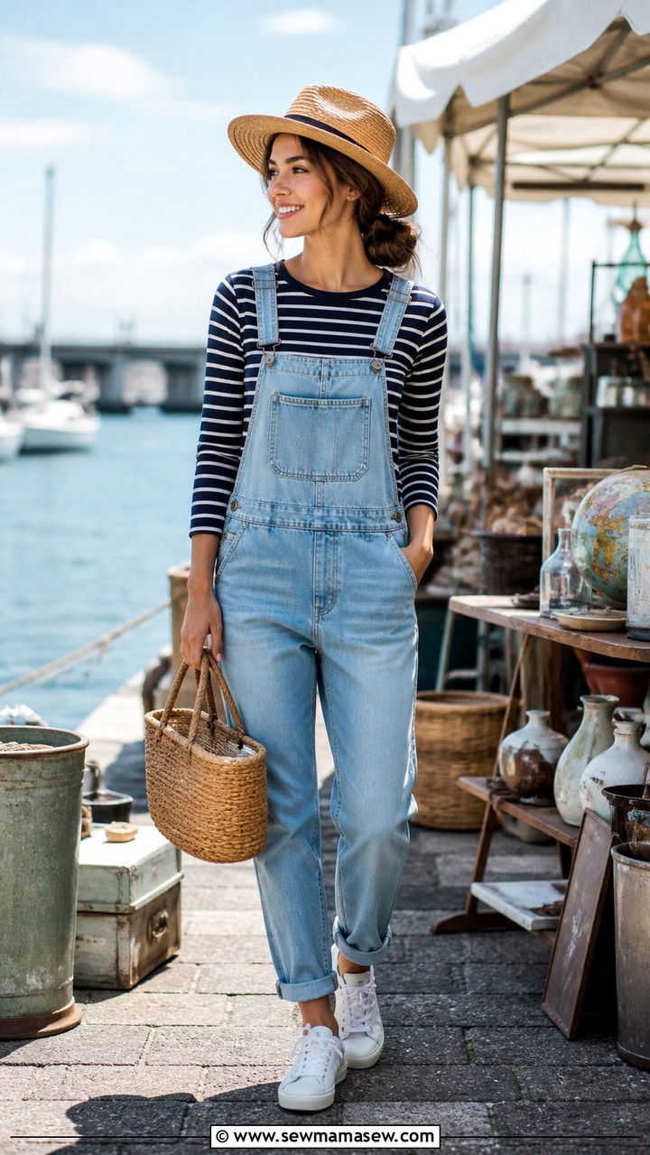 Striped Tee With Denim Overalls And Basket Bag - 20 coastal grandmother outfits aesthetic
