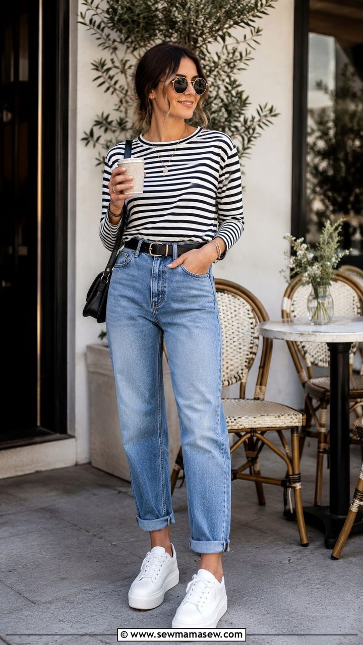 Striped Tee With Mom Jeans and White Sneakers - 30 Mom jeans outfit ideas with white sneakers