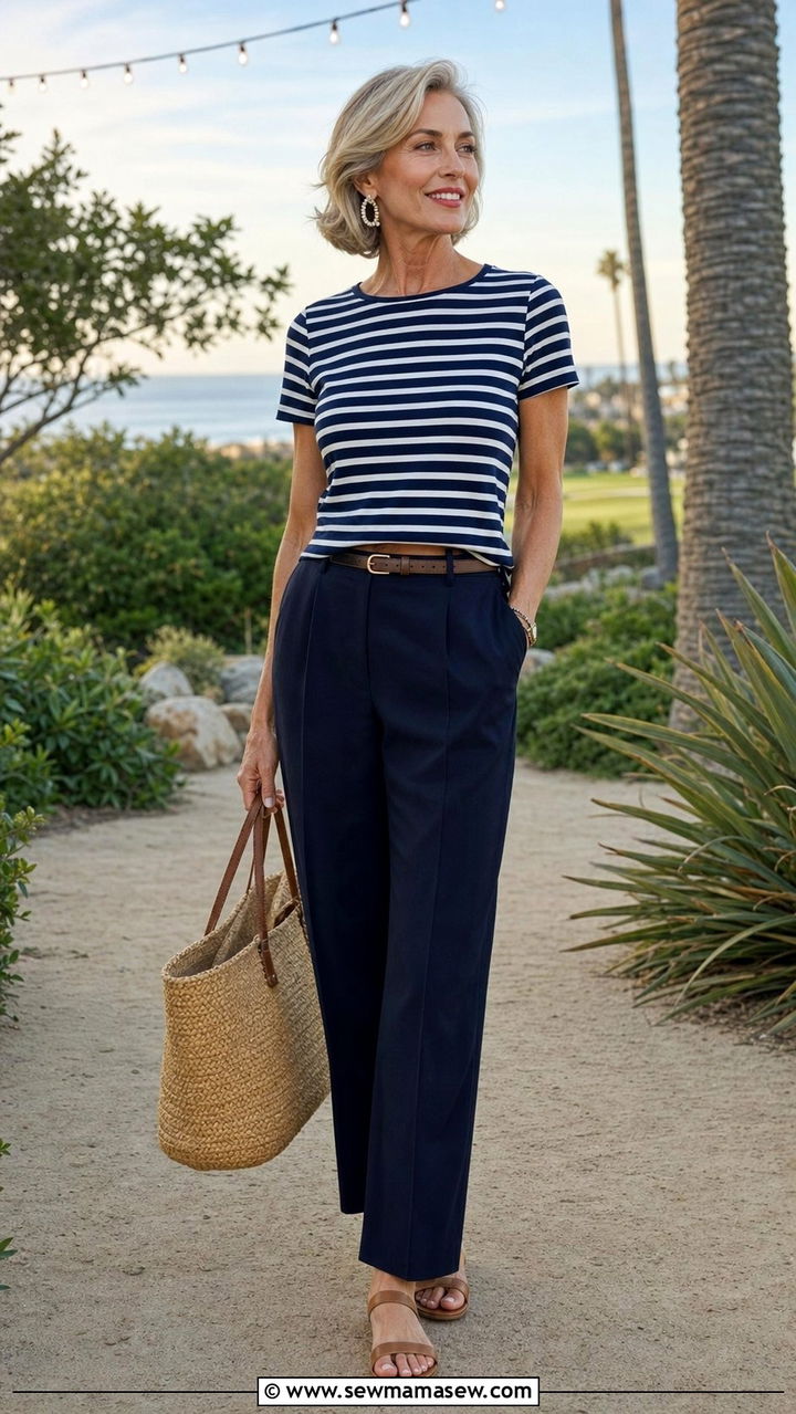 Striped Tee With Navy Trousers - 25 coastal grandmother outfits inspo
