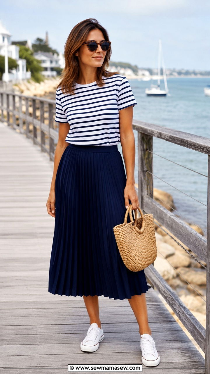 Striped Tee With Pleated Midi Skirt Outfit - 30 Pleated skirt outfit ideas with a tee