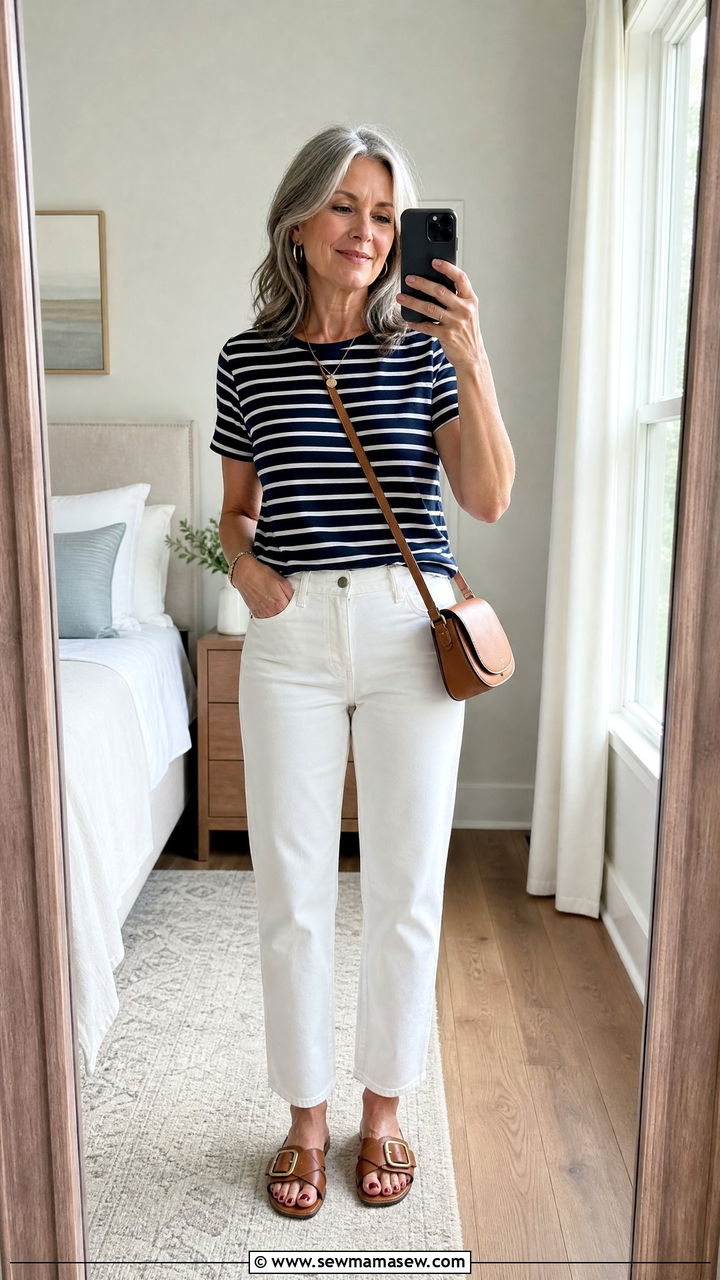 Striped Tee With White Jeans And Buckle Slides - 30 Summer capsule wardrobe over 50