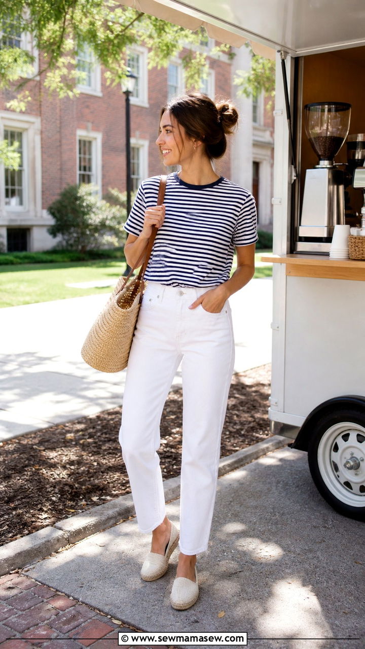 Striped Tee With White Jeans College - 40 College outfit ideas