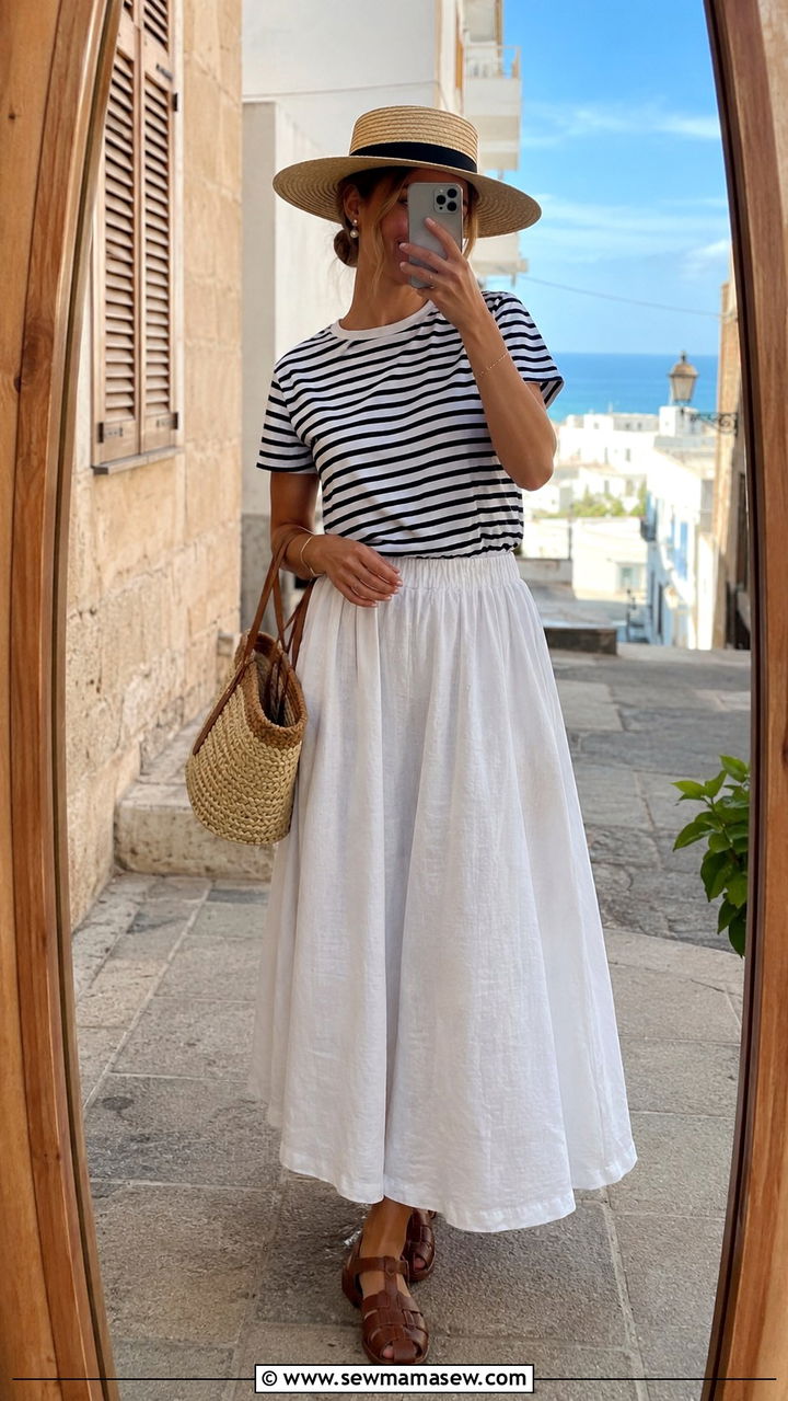 Striped Tee With White Linen Skirt And Fisherman Sandals - 20 coastal grandmother outfits aesthetic
