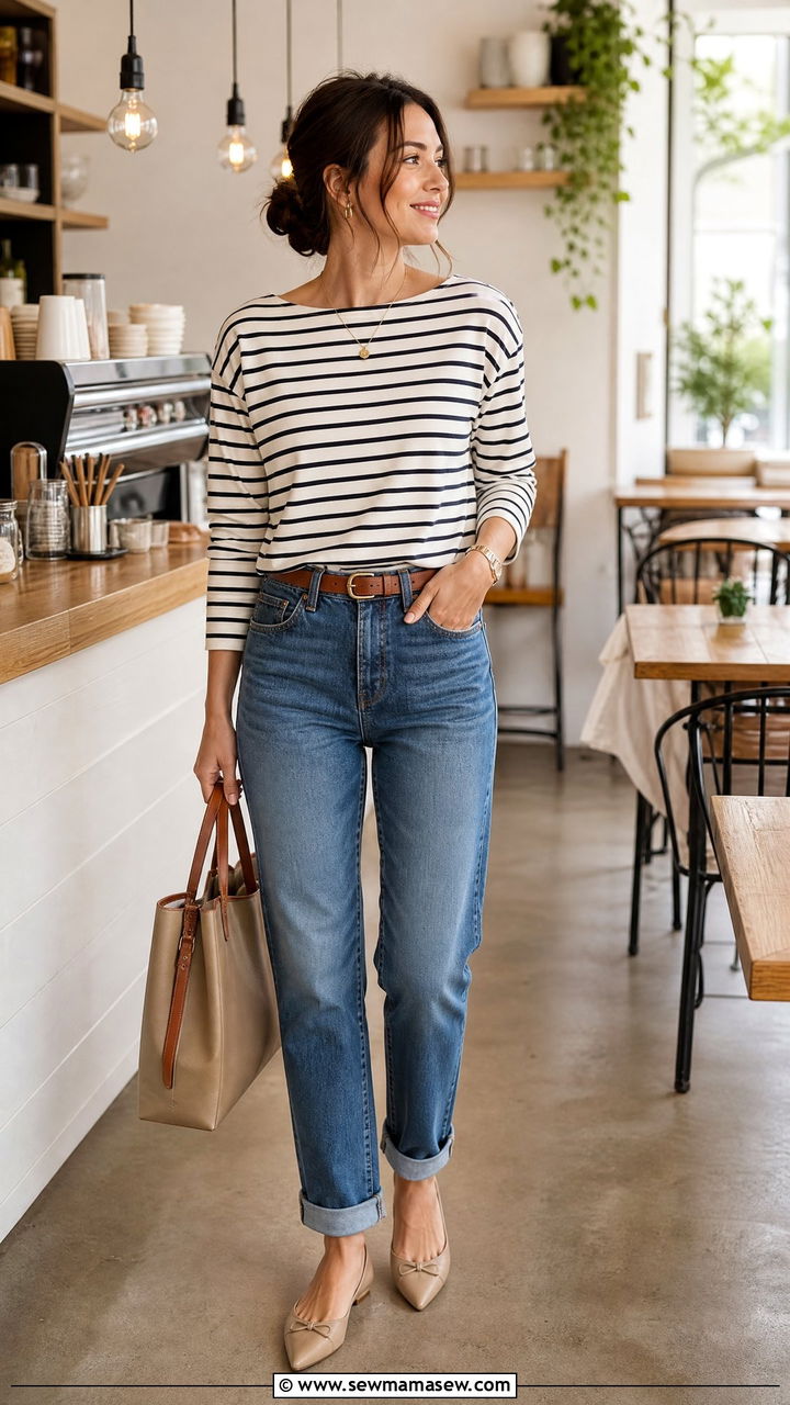 Striped Tee and Cuffed Jeans with Flats - 30 Outfit ideas for stay at home moms