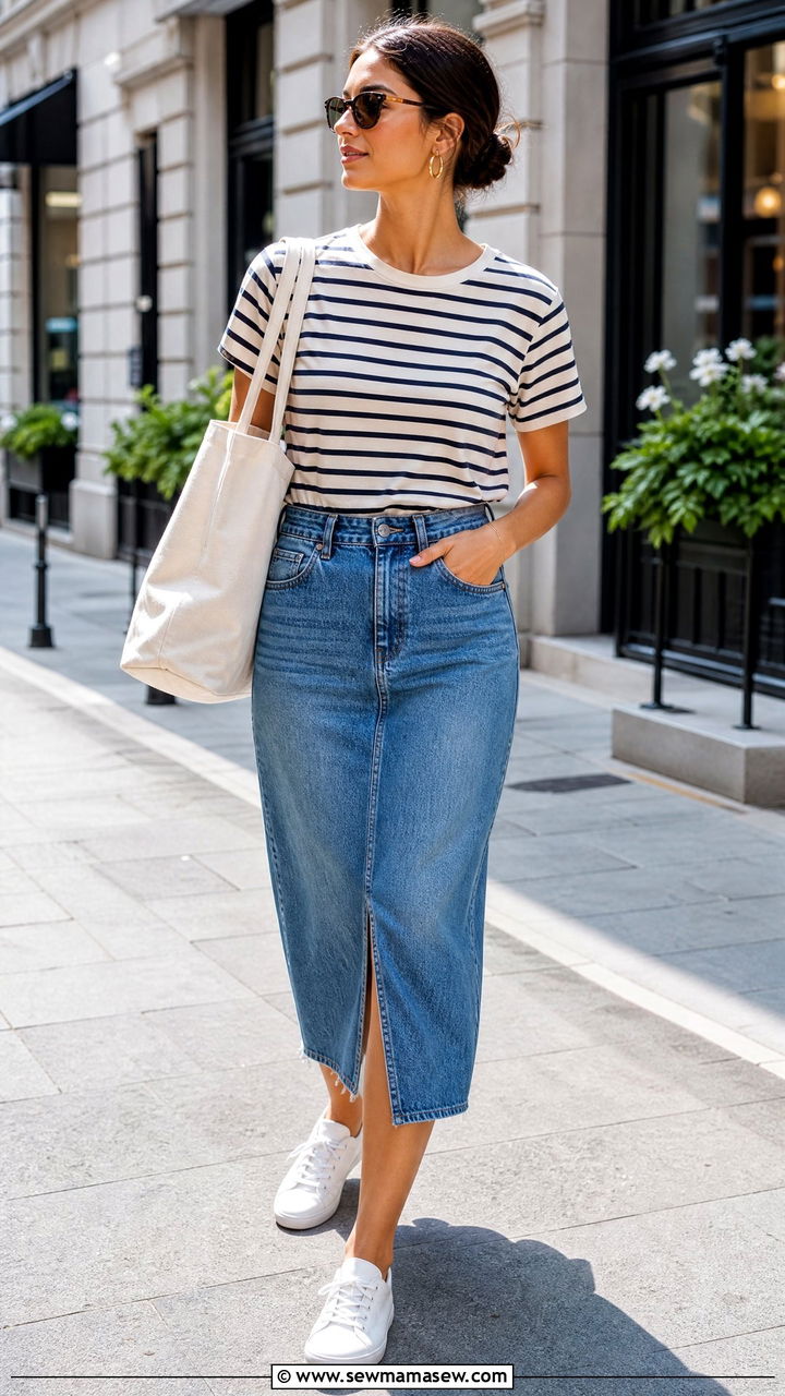 Striped Tee and Denim Midi Skirt with White Sneakers - 30 summer denim skirt outfit ideas
