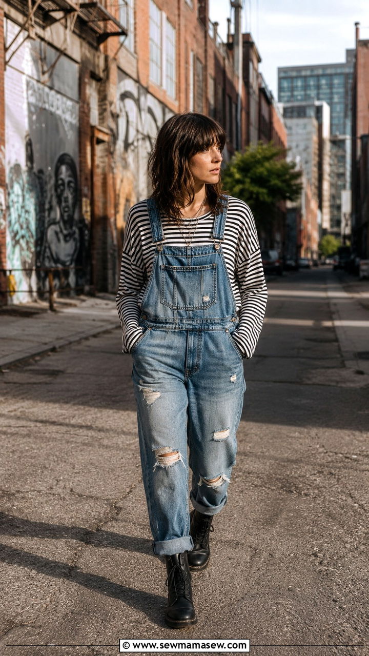 Striped Tee and Denim Overalls Grunge Outfit - 20 grunge capsule wardrobe outfits
