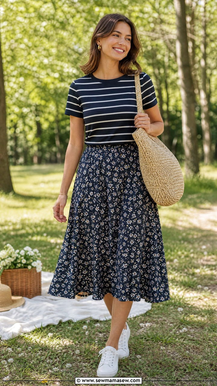 Striped Tee and Floral Midi Skirt Outfit - 30 Summer outfits with midi skirts
