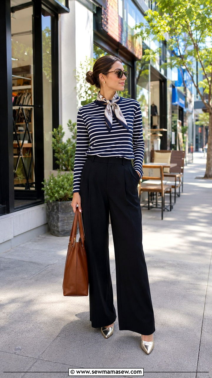Striped Tee and High Waisted Wide Leg Pants Brunch Outfit - 30 Brunch outfit ideas Bay Area