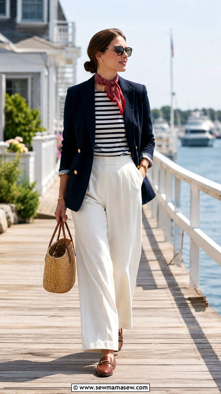 Striped Tee and Navy Blazer - 25 Old money outfit ideas budget