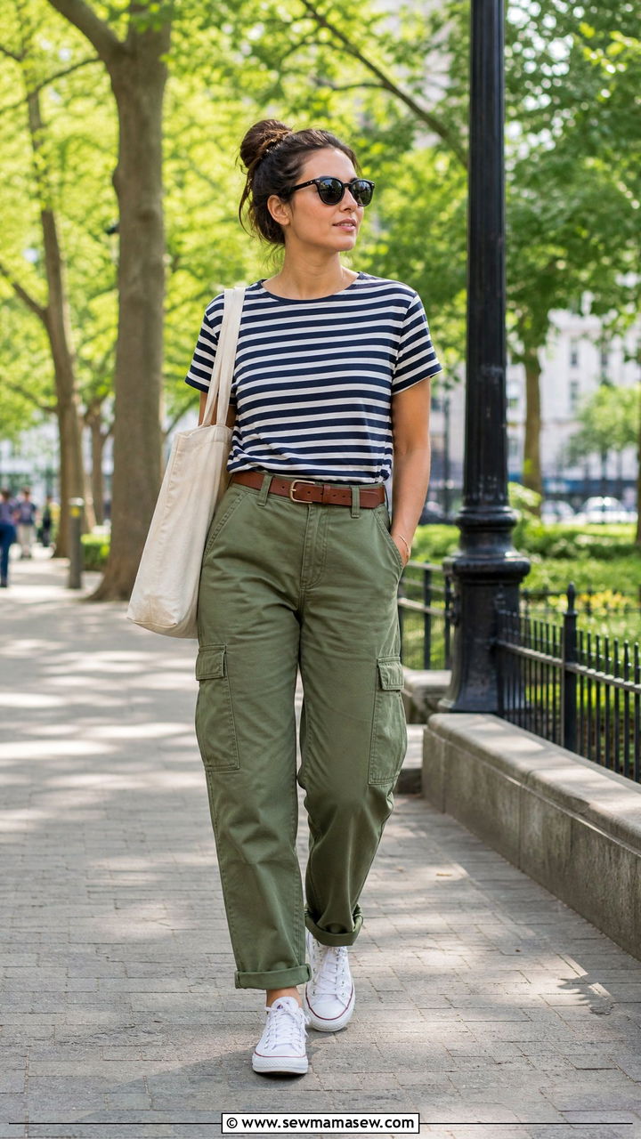 Striped Tee and Olive Cargo Pants - 35 July outfit ideas