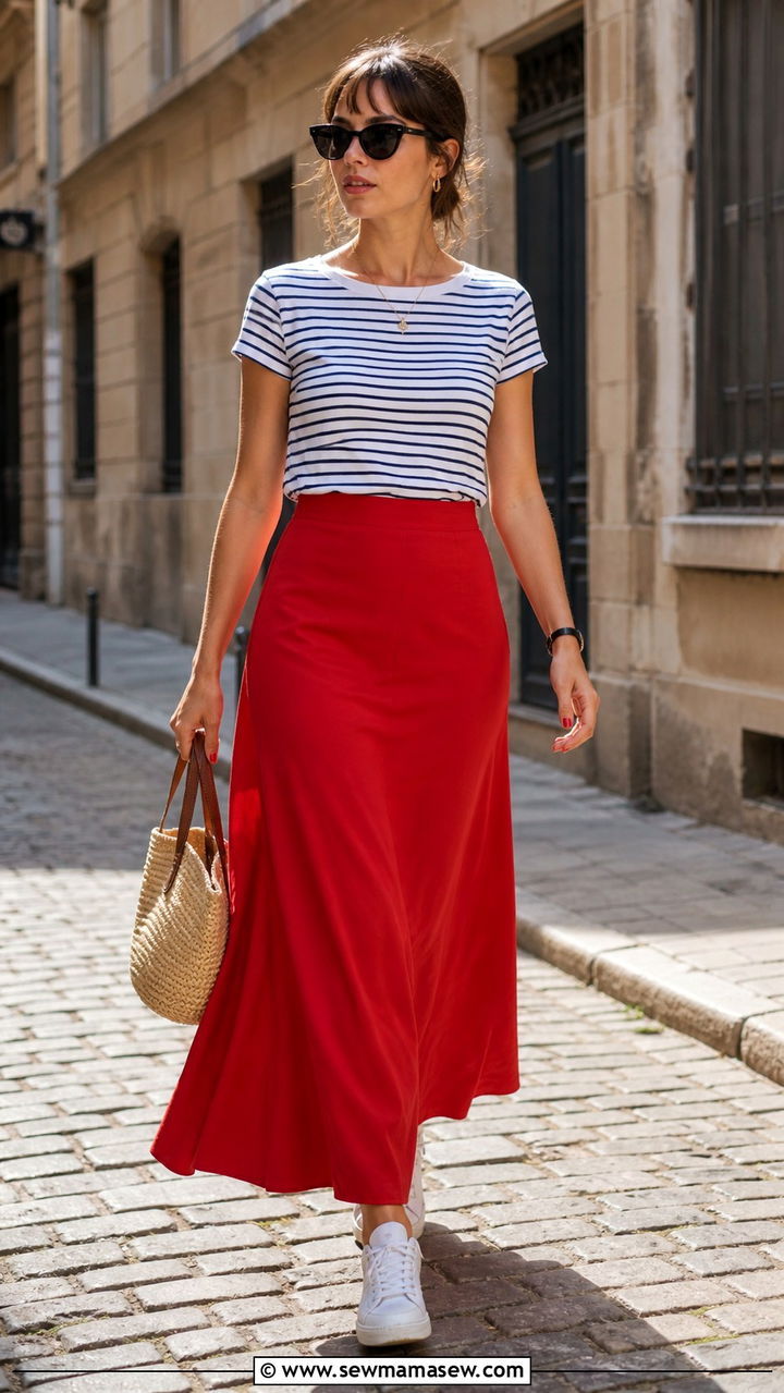 Striped Tee and Solid Color Maxi Skirt - 40 cute maxi skirt outfits
