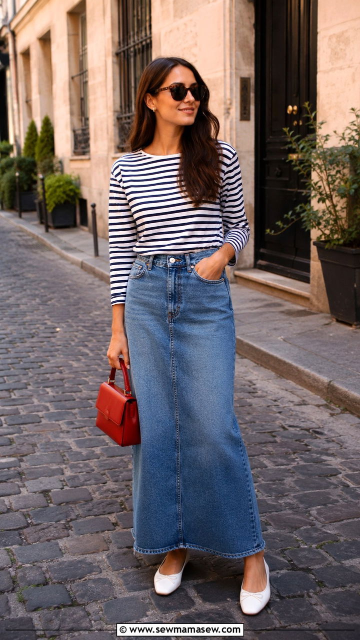 Striped Tee and White Ballet Flats With a Denim Maxi Skirt - 30 denim maxi skirt outfit ideas