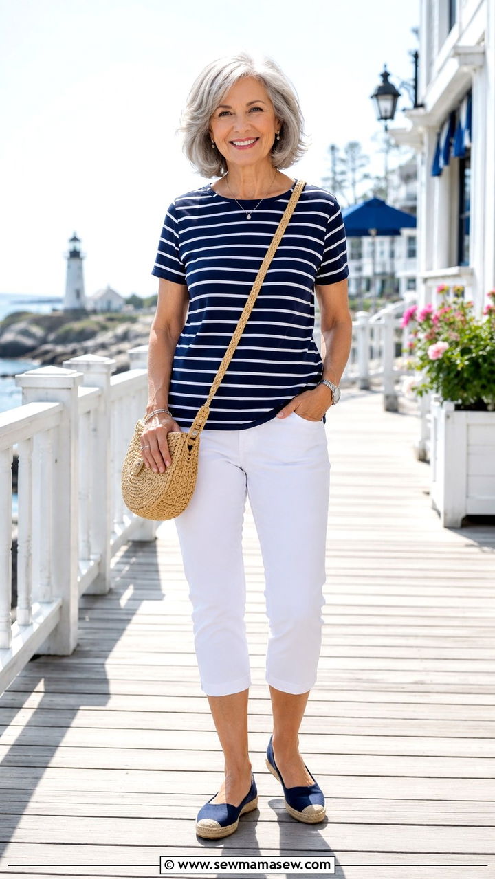 Striped Tee and White Capri Pants Casual Trip Outfit - 30 Travel outfit ideas for women over 60