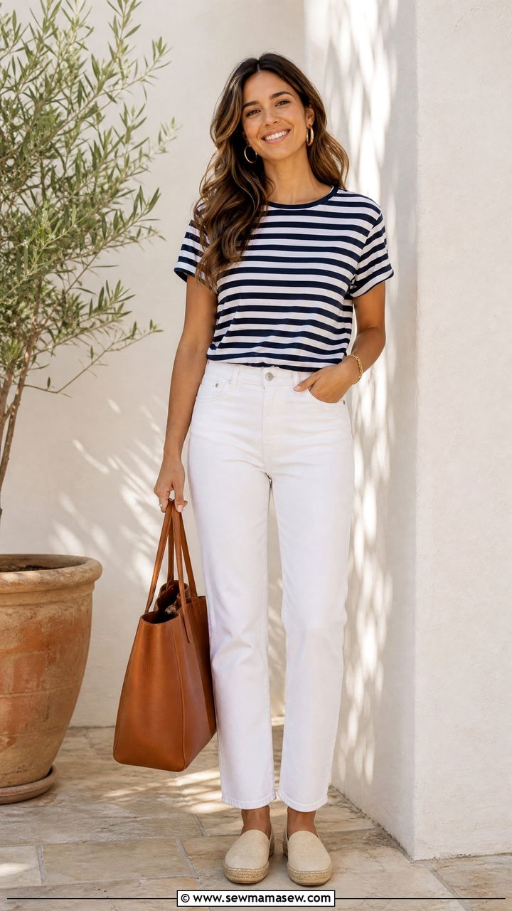 Striped Tee and White Jeans - 30 Family reunion outfit ideas summer