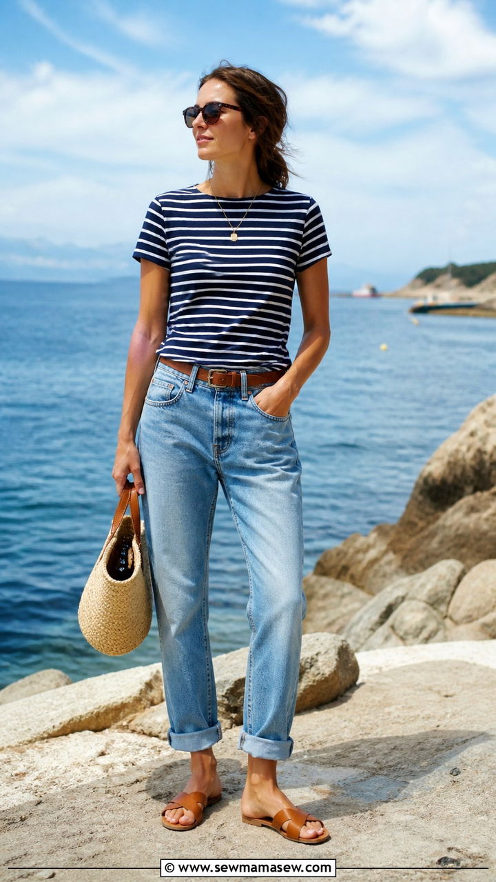 Striped Tee with Boyfriend Jeans and Flat Sandals - 40 casual jeans outfits
