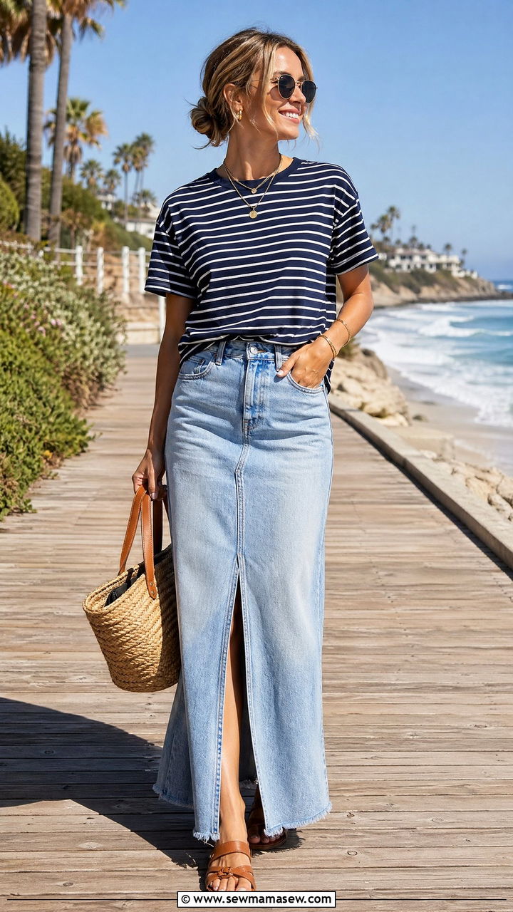 Striped Tee with Denim Maxi Skirt and Sandals - 35 denim skirt outfits inspo