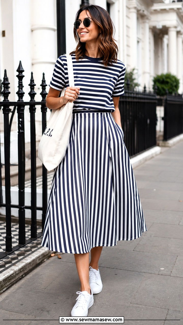 Striped Tee with Monochrome Striped Midi Skirt - 30 Midi skirt outfit ideas with a tee