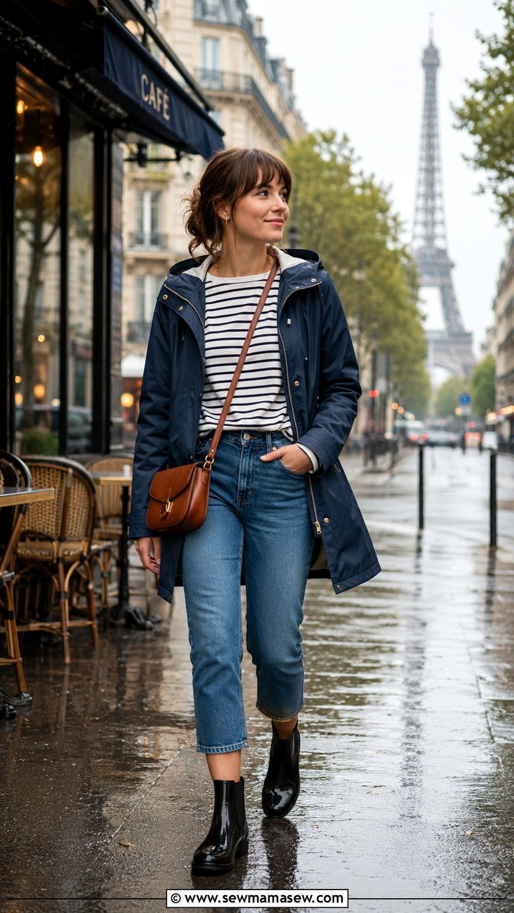 Striped Tee with Navy Raincoat and Cropped Jeans - 30 Rainy vacation outfit ideas