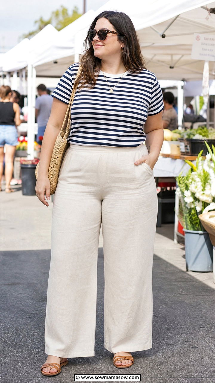Striped Tee with Wide Linen Pants - 25 Linen pants outfit ideas plus size