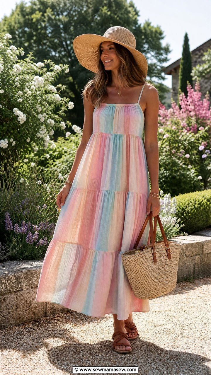Striped Tiered Maxi Dress With Straw Hat - 30 Striped dress outfit ideas