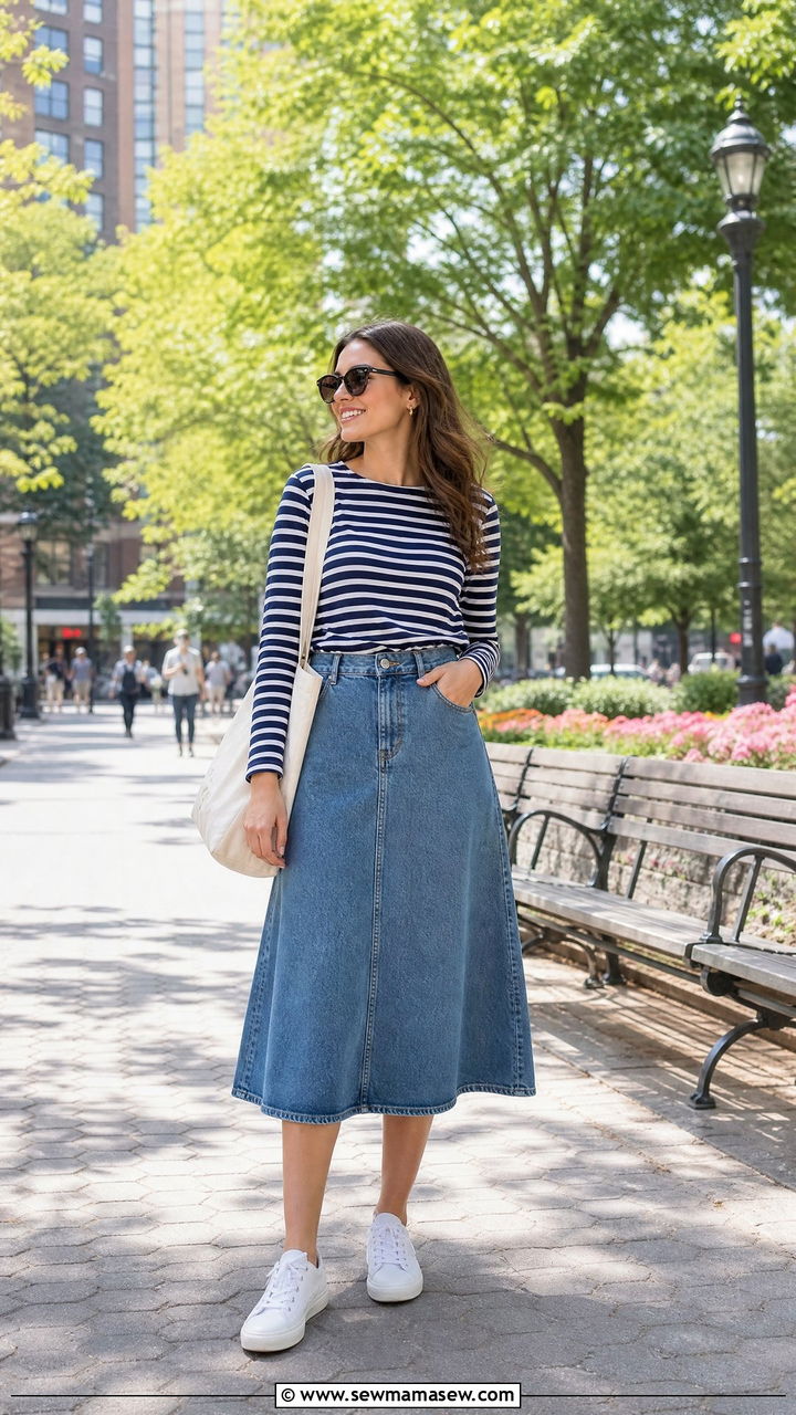 Striped Top With Denim A Line Skirt - 25 casual outfits for pear shaped body