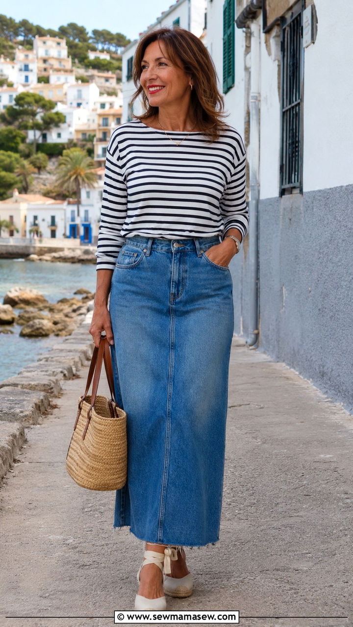 Striped Top With Denim Maxi Skirt and Espadrilles - 20 denim maxi skirt outfits for women over 40