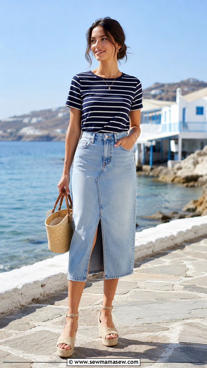 Striped Top With Denim Midi Skirt And Espadrilles - 25 Petite outfit ideas with midi skirt