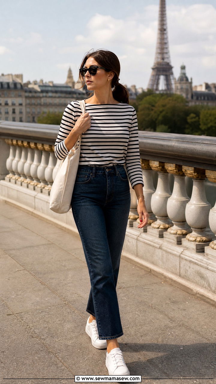 Striped Top With High Waisted Jeans And Sneakers - 30 summer parisian outfit ideas