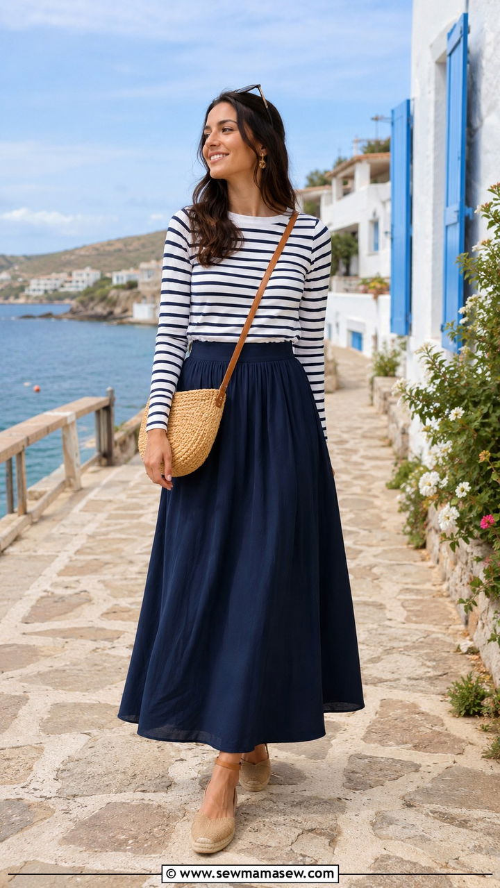 Striped Top With Navy Long Skirt - 30 Modest outfit ideas with long skirt