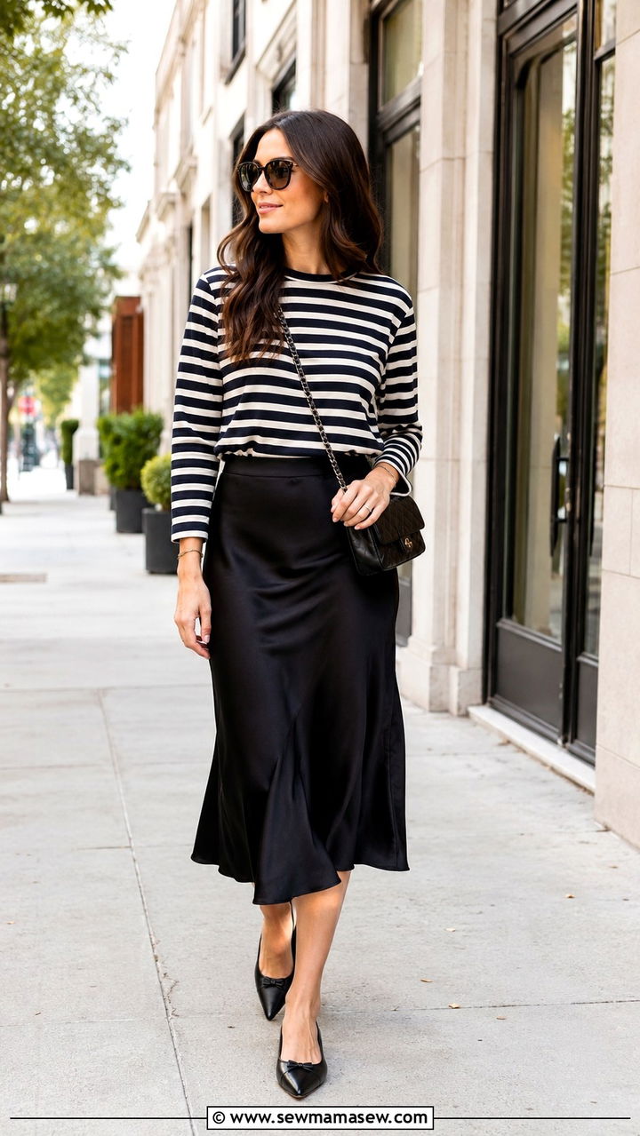 Striped Top With Satin Midi Skirt Office Outfit - 30 Satin midi skirt outfit ideas for work