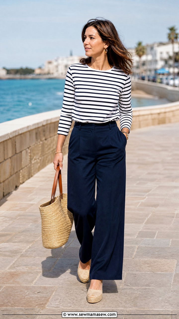 Striped Top With Wide Leg Navy Trousers And Espadrilles - 30 classy trendy outfits